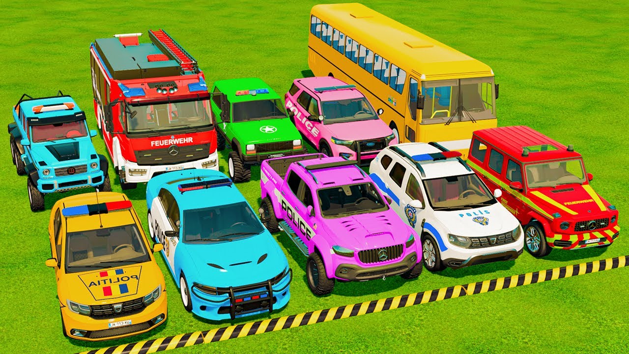 TRANSPORTING POLICE CARS, AMBULANCE, FIRE TRUCK, COLORFUL CARS WITH TRAIN -FARMING SIMULATOR 22!