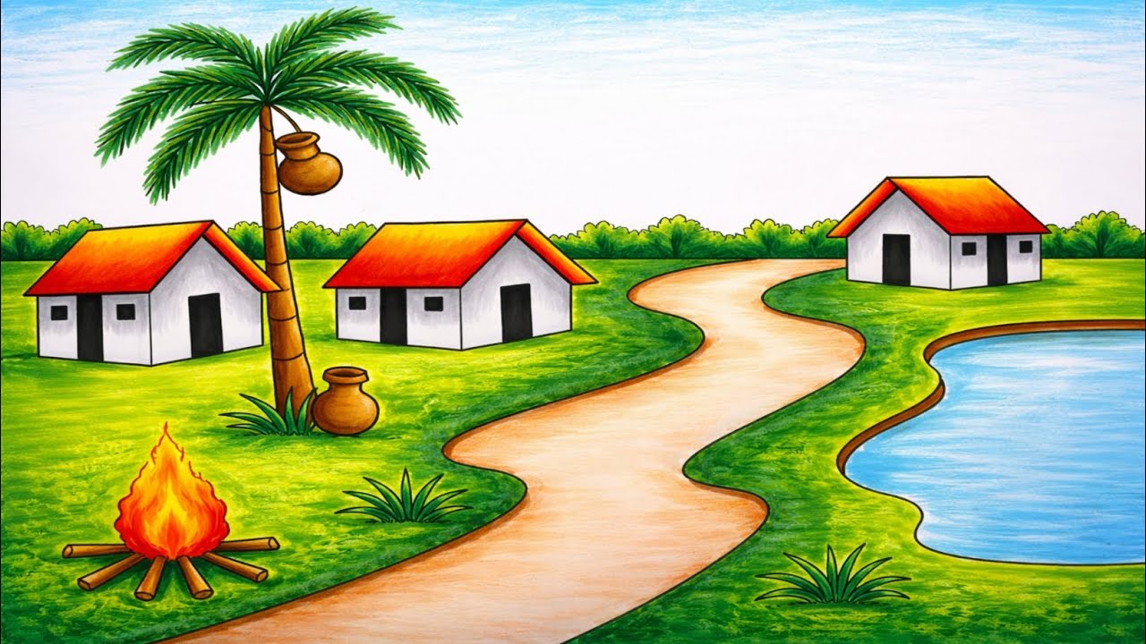 Easy Winter Village Scenery Drawing For Beginners Step by Step | সহজে শীতকালীন গ্রাম দৃশ্য আঁকা