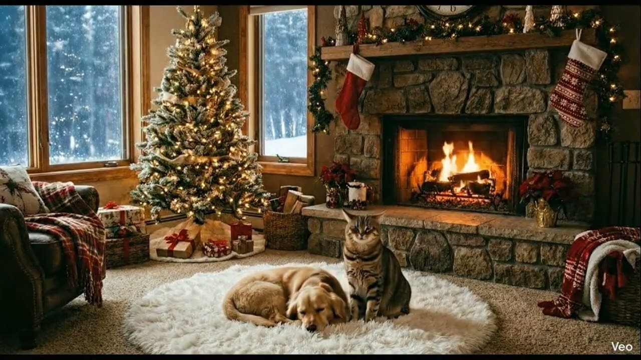 흰 눈이 펄펄 내리는 , 따뜻한 벽난로 앞 강아지와 고양이의 꿀잠 숨소리 ❄️🔥 Winter Ambiance: Cat Purring & Puppy Breathing Sounds