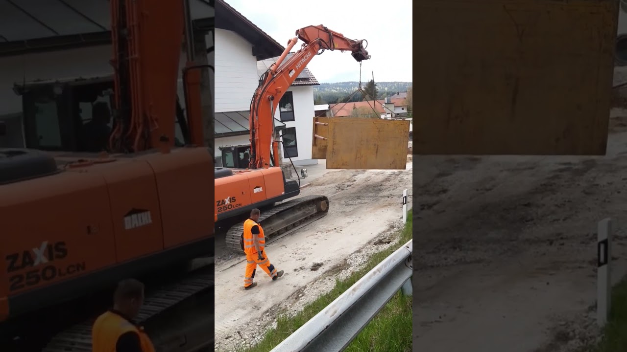 Hitachi RaupenBagger ZAXIS, Kanal St&uuml;tzschalung Transport & Installation, Road Construction Germany