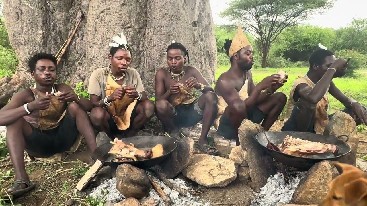 Hadzabe Men Cooking & Eating Wild Game Meat Under a Baobab Tree 🌿🔥🍖