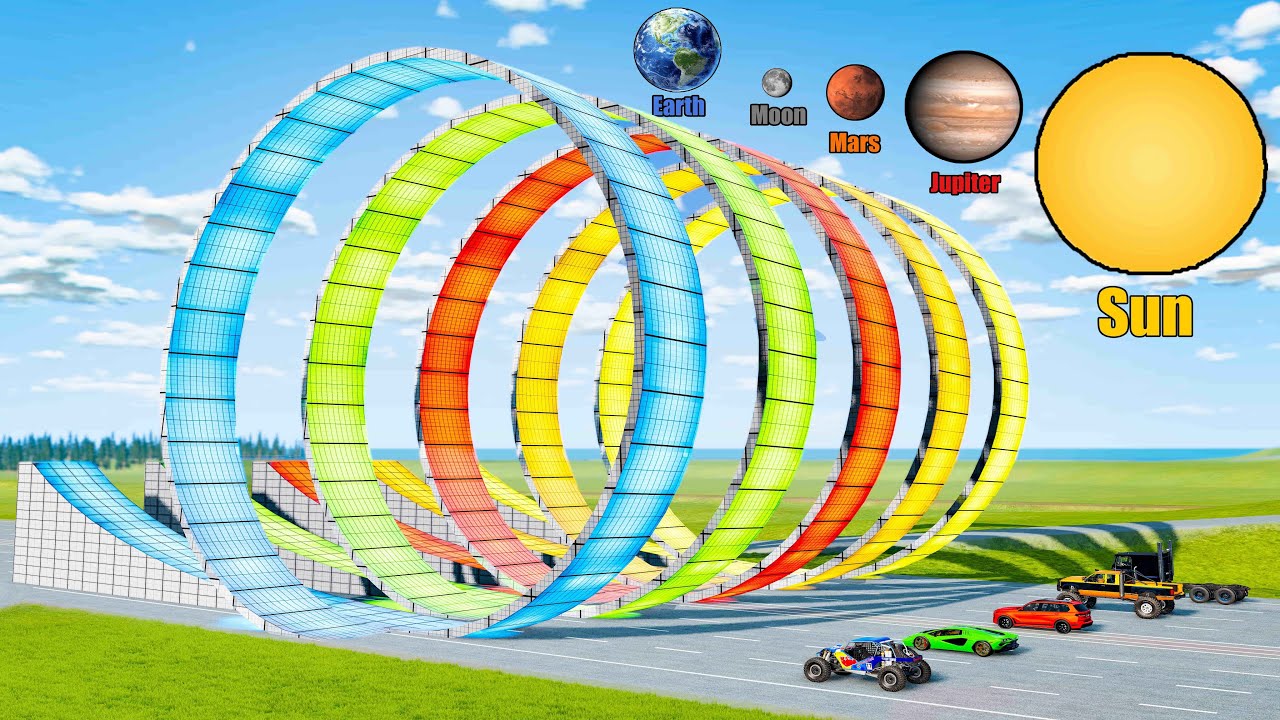 Which Loop Ramp with Different Gravity Give Longest Jump (earth,moon,jupiter,mars,sun)- Beamng drive