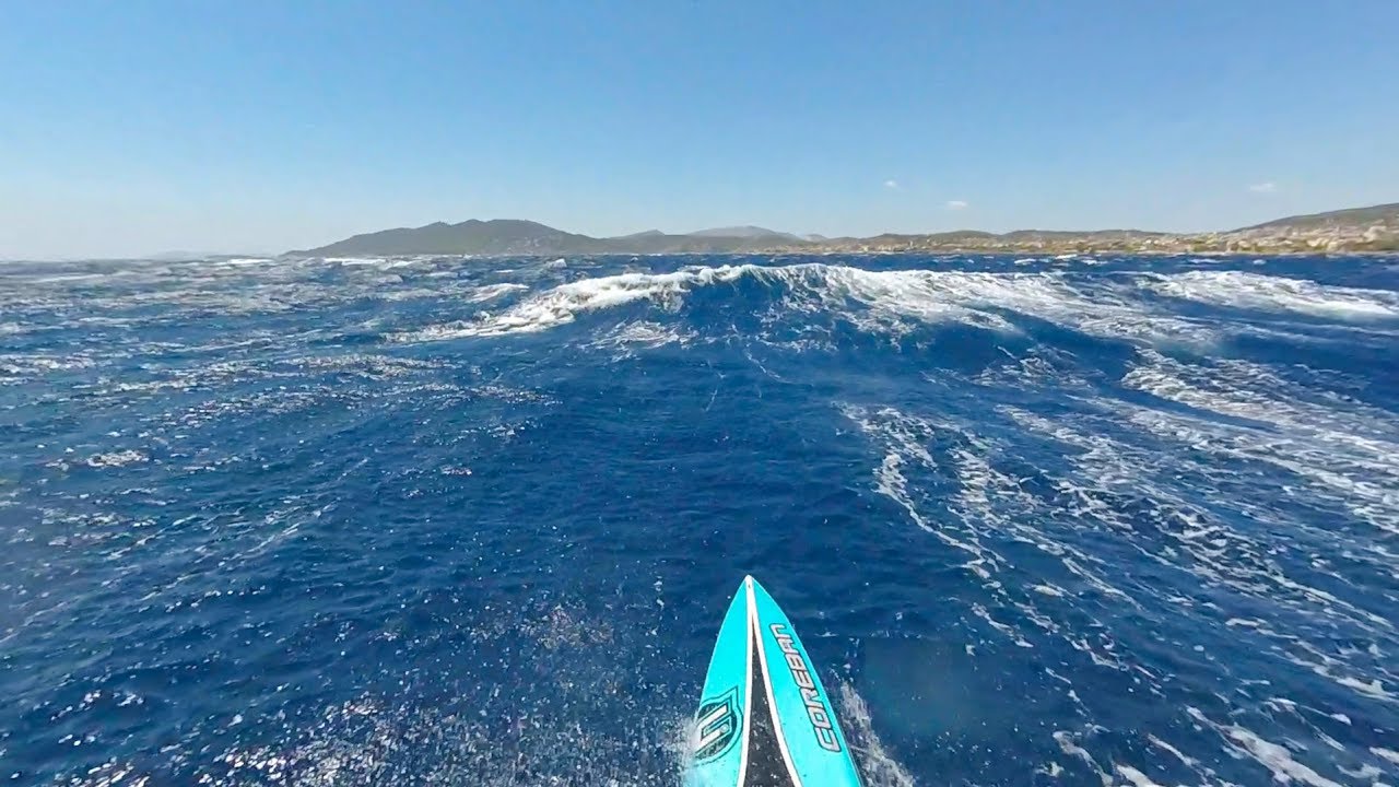 Downwind sup the famous loutsa run in Athens, Greece