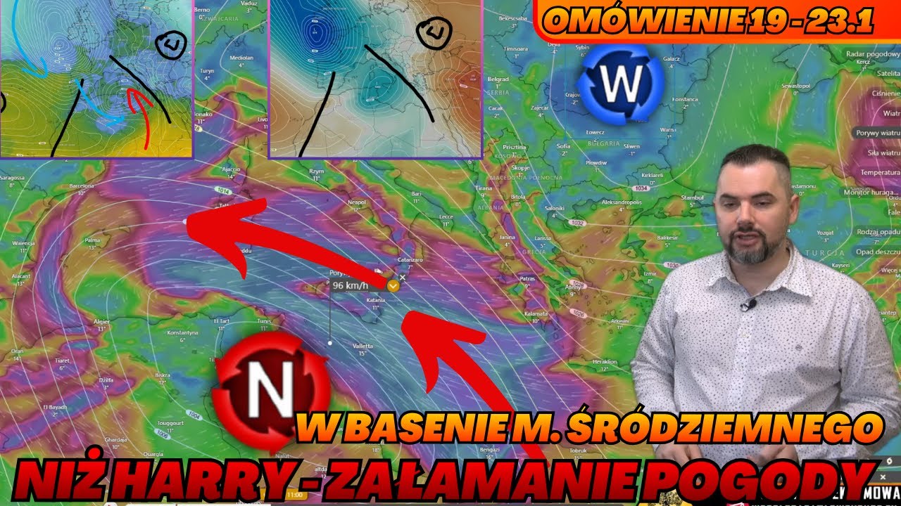 Intensywne opady deszczu, bardzo silny wiatr. Możliwe powodzie. Niż Harry nad Włochami. Omówienie