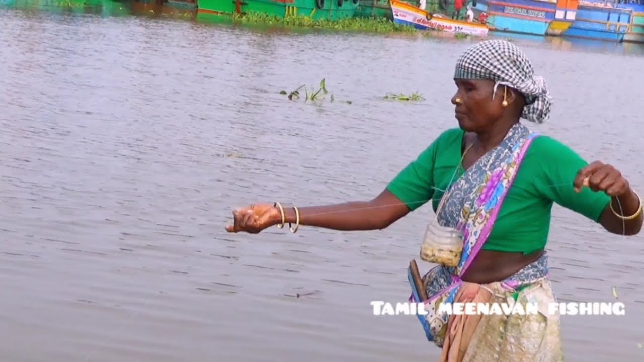 Fishing in India | old woman catching cat fish from  saltwater river