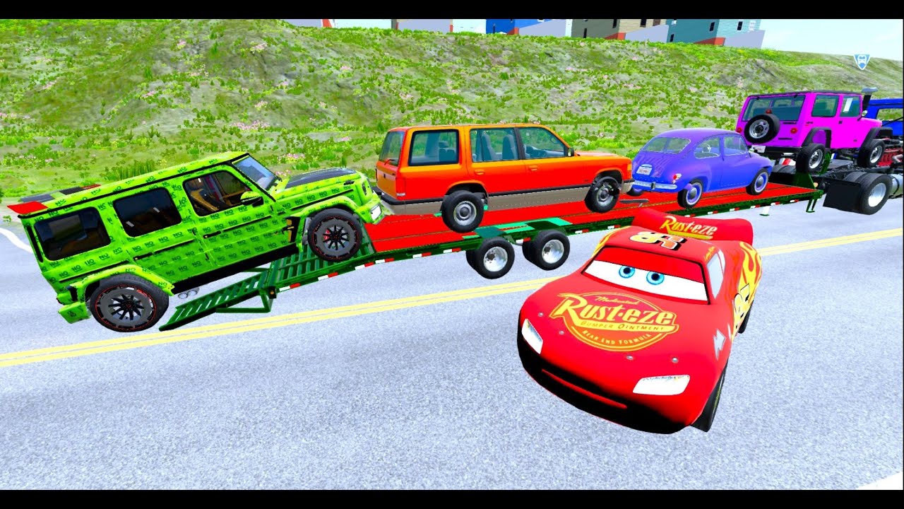 Flatbed Truck McQueen  Transportation with Truck   Pothole vs Car #23 BeamNG Drive Gamepl