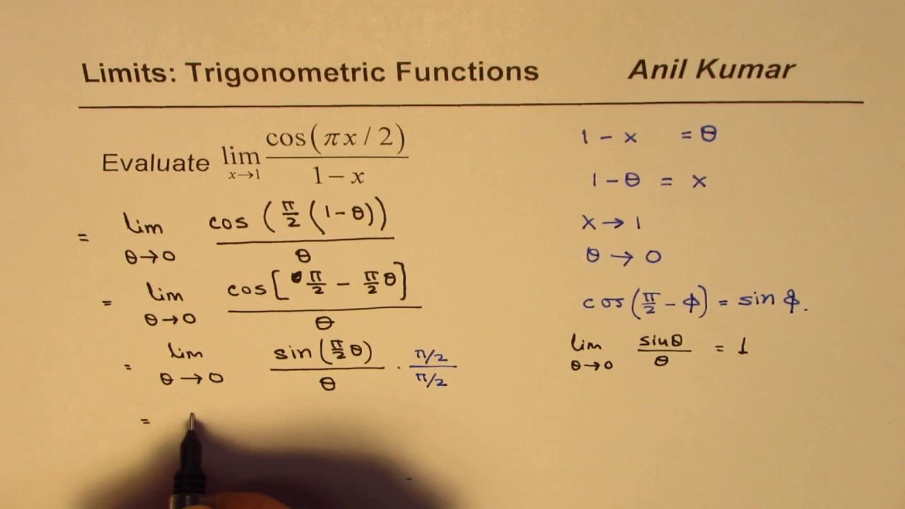 Limit Trigonometric Function cos(pi x/2)/(1 - x) by Substitution