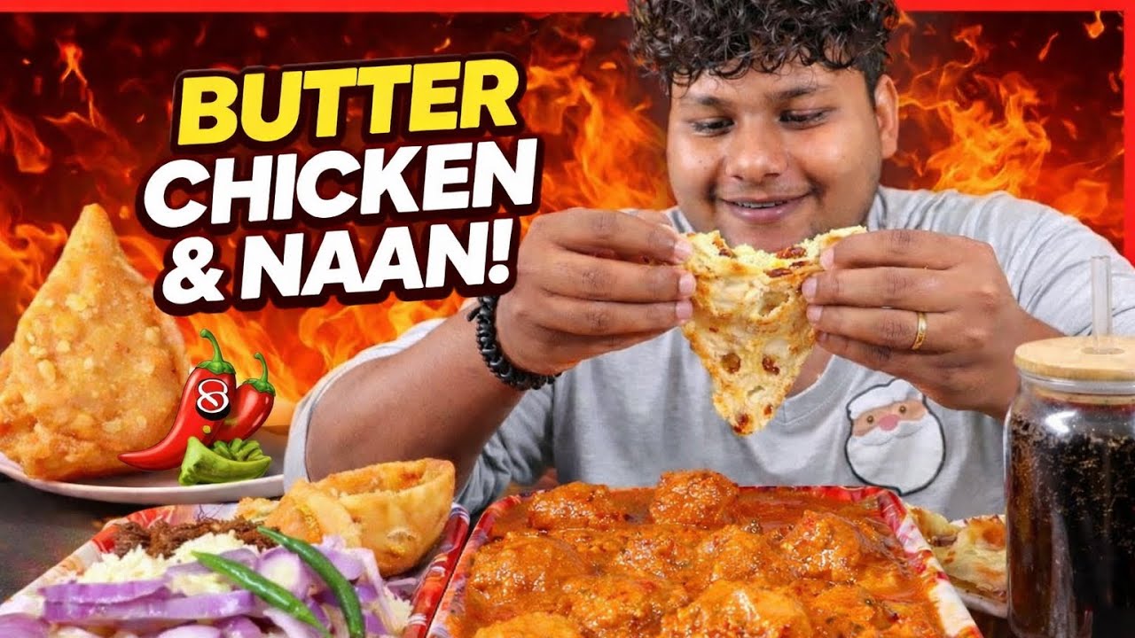 Butter Chicken with Samosa & Butter Naan best combination ever 😋#mukbang #asmreating #asmr #viral 