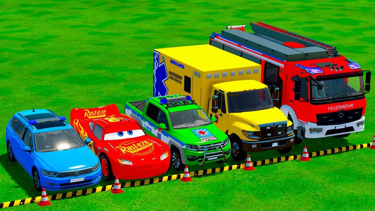 VOLKSWAGEN, MCQUEEN, DACIA POLICE CARS & MERCEDES FIRE TRUCK VEHICLES TRANSPORTING ! FS22