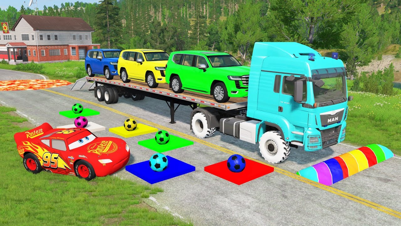 Flatbed Truck McQueen | Transportation with Truck - Pothole vs Car #67 | BeamNG.Drive Gameplay