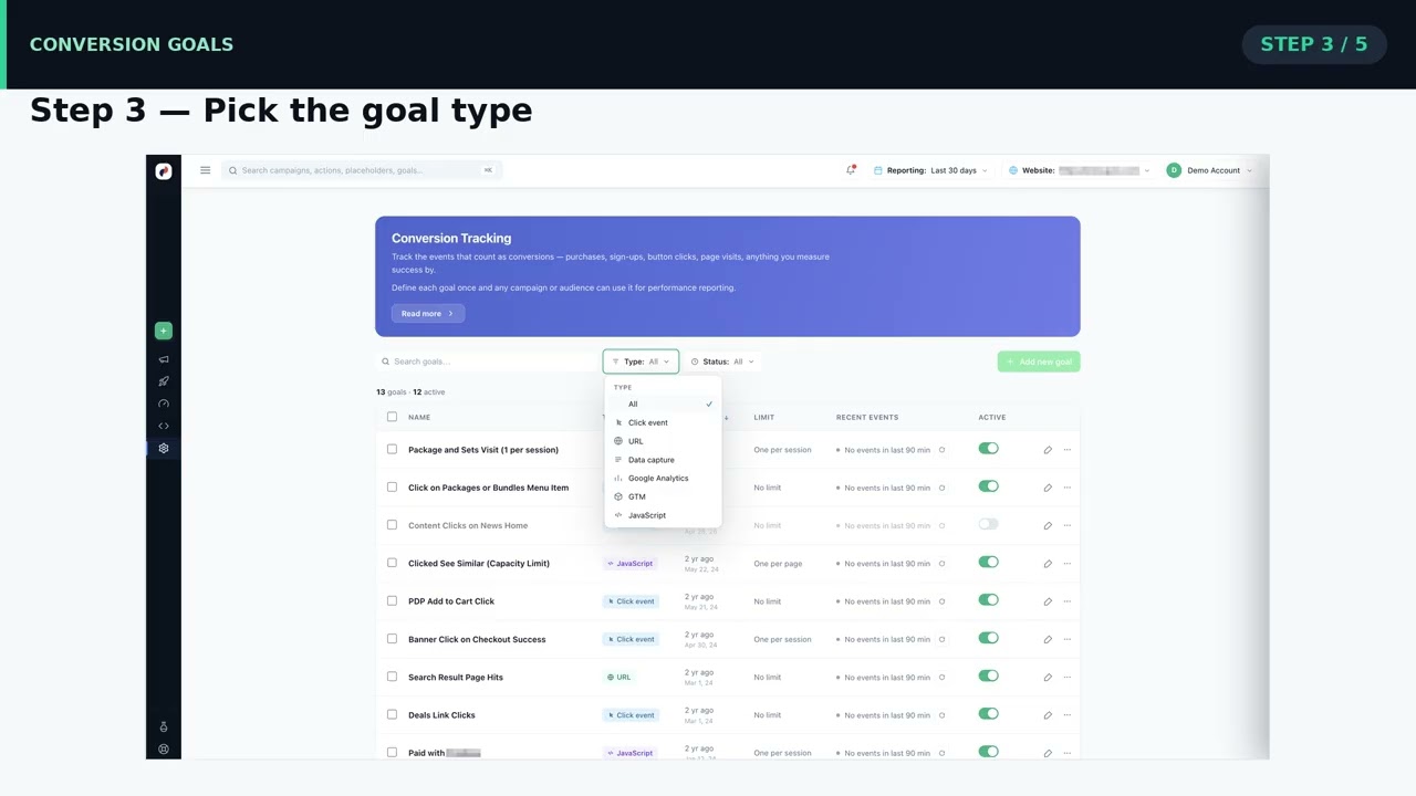 How to Set Up Conversion Goal Tracking in Personyze (Step-by-Step)