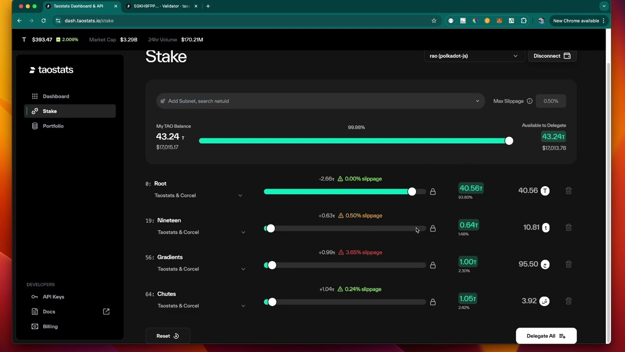 Стейкинг с помощью панели управления Taostats