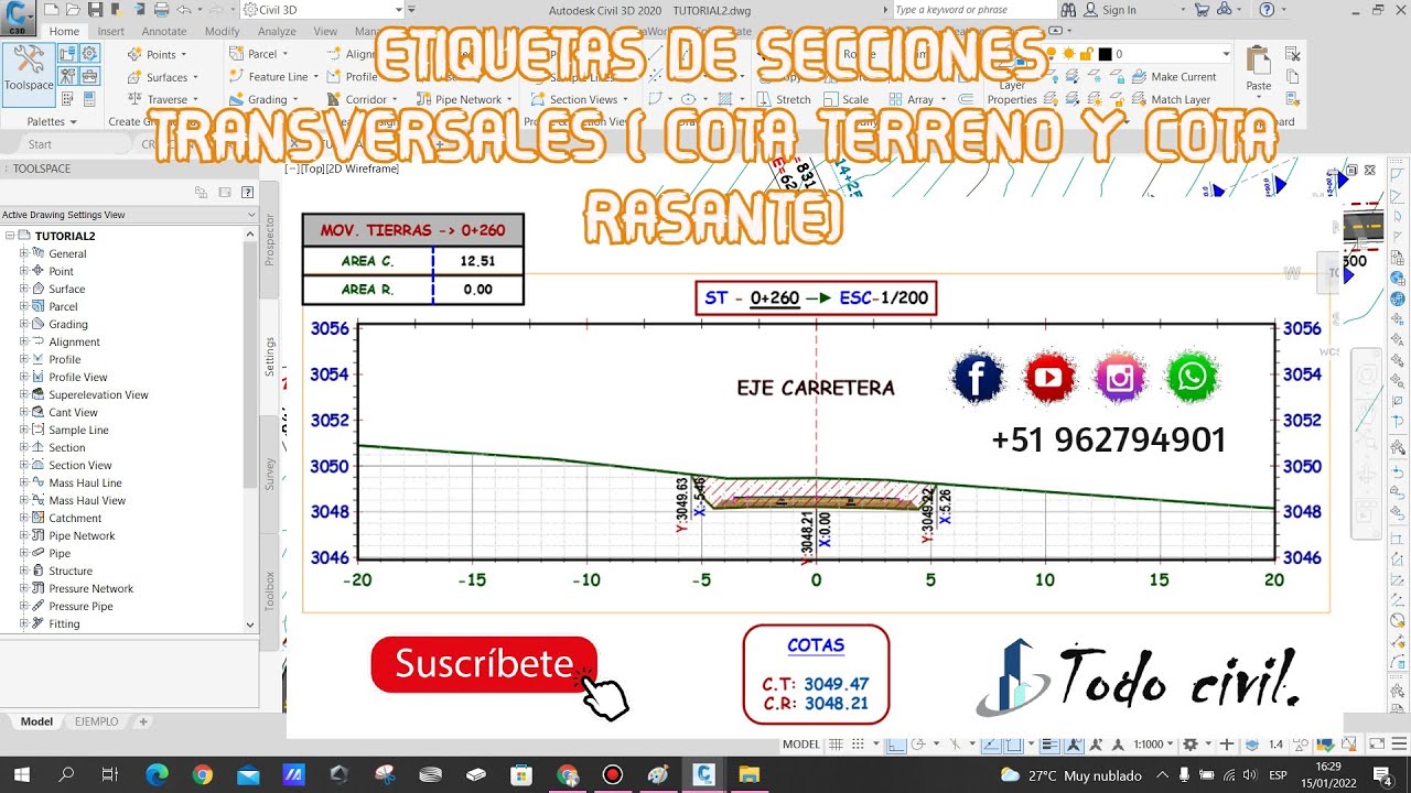 SECCIONES TRANVERSALES + ETIQUETA DE COTA RASANTE Y  TERRENO -(curso de AUTOCAD CIVIL 3D)- PARTE-20