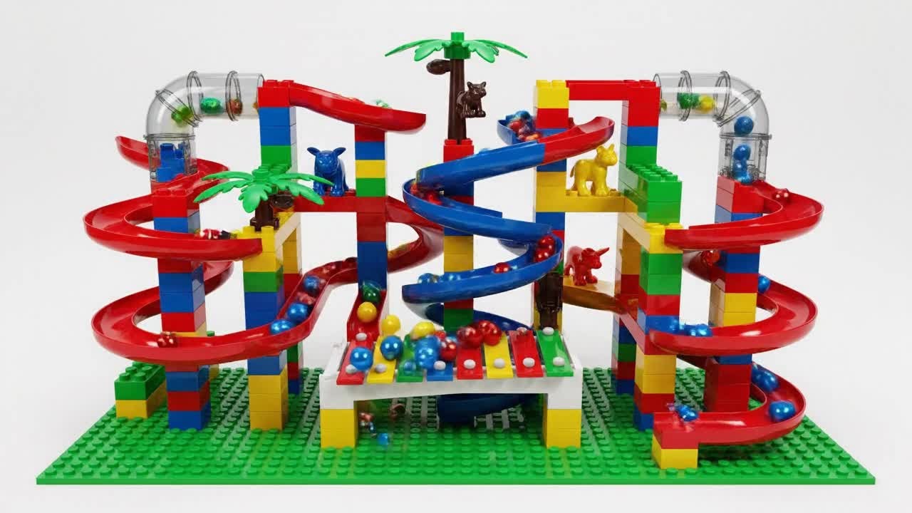 Xếp Lego Và Tạo Đường Cho Bi Trượt Vào Phễu Xoáy