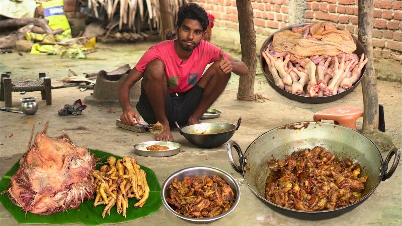 How to Make Chicken Skin with feet Recipe Cooking & Eating in village| murgi ka chamdi and panje fry
