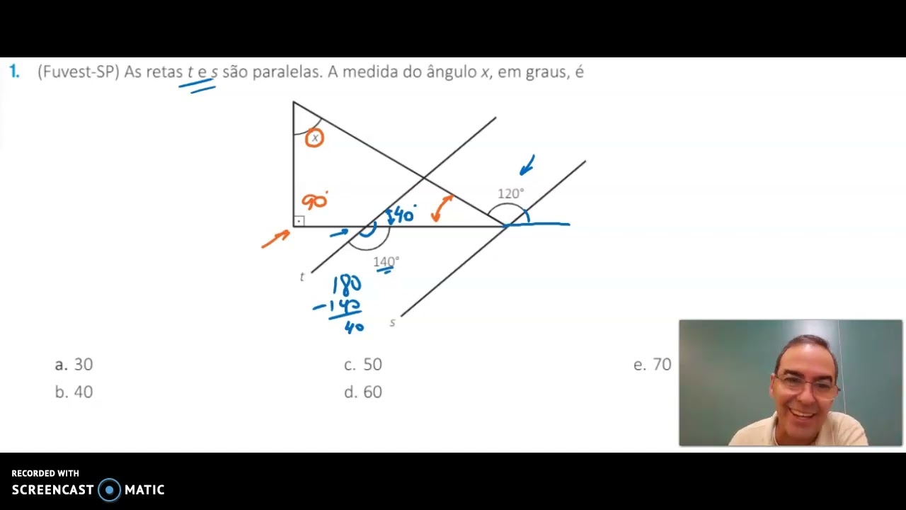 (Fuvest) As retas t e s são paralelas. A medida do ângulo x, em graus, é: