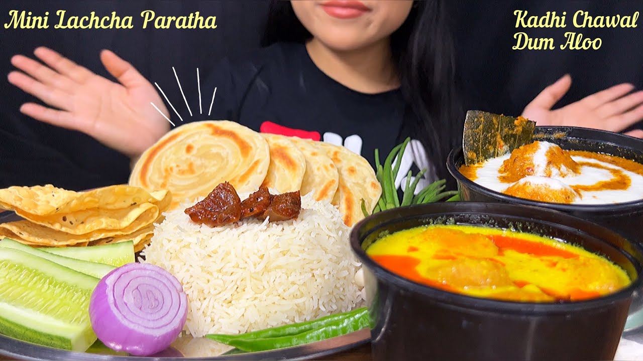 Eating Kadhi Chawal, Dum Aloo & Mini Lachcha Paratha | Recipe | MUKBANG | Big Bites | ASMR Eating |