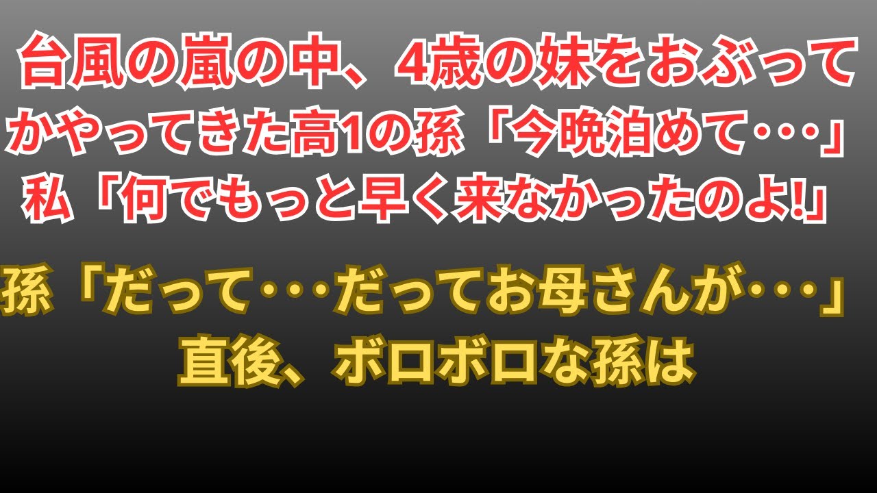 【感動する話】台風の嵐の中、高１の孫がやって来て「どうか…妹を泊めてやってください！」おんぶでの妹を私に託し、走り出す孫に夫「馬鹿な真似はよせ！」鬼の形相で夫は孫を追いかけ孫は…【朗読・スカッと
