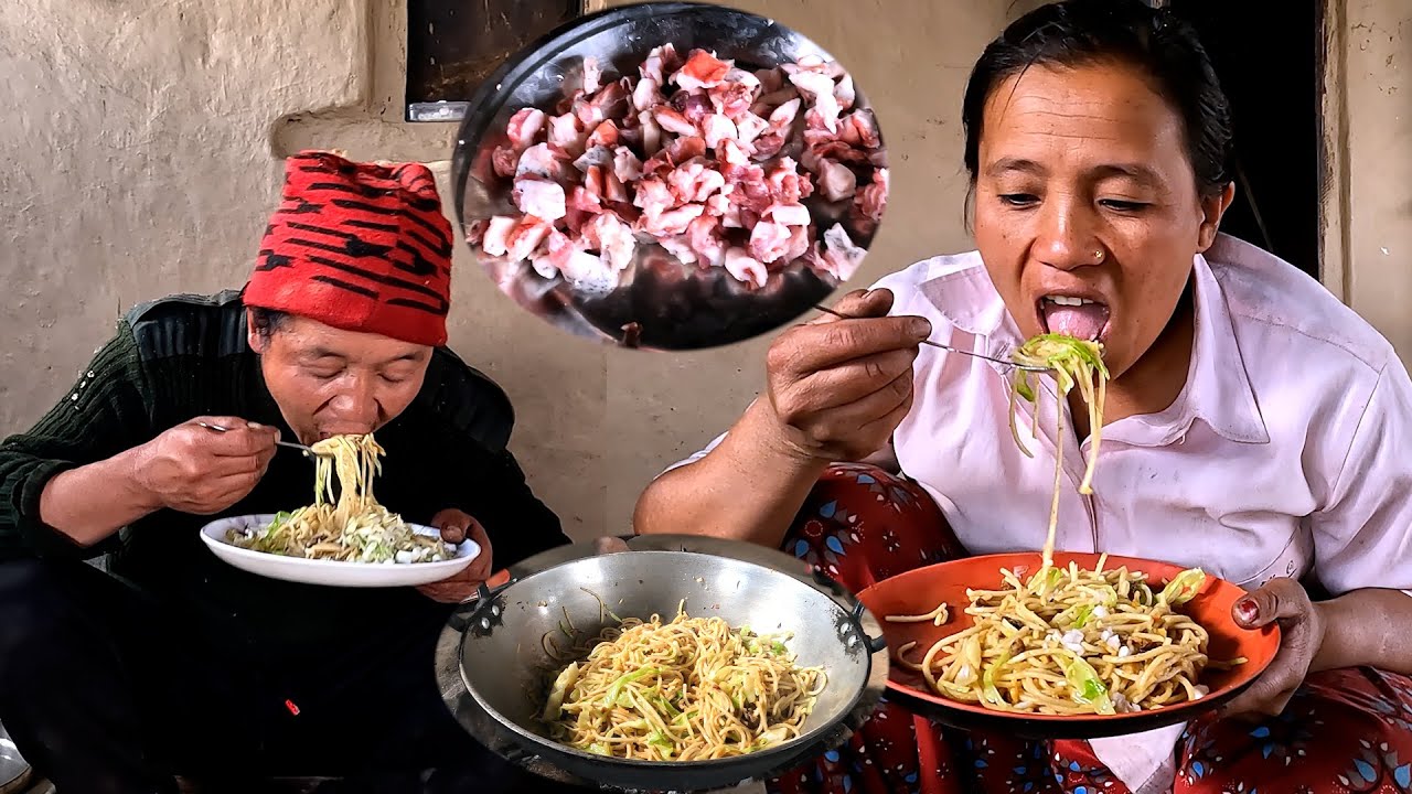 pork noodles in Bhumi kitchen || Village family video || BHumi village vlog ||