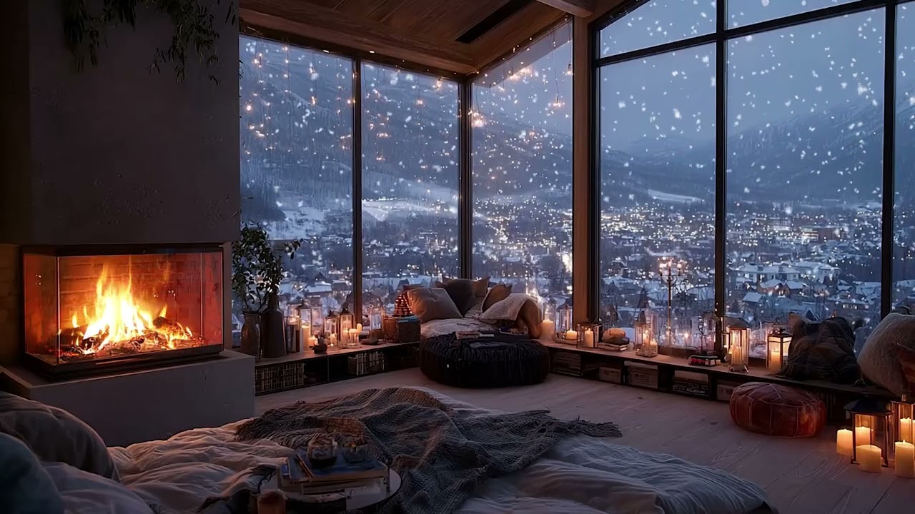 Snowy Cabin Piano Ambience | Warm Fireplace and Peaceful Winter Night