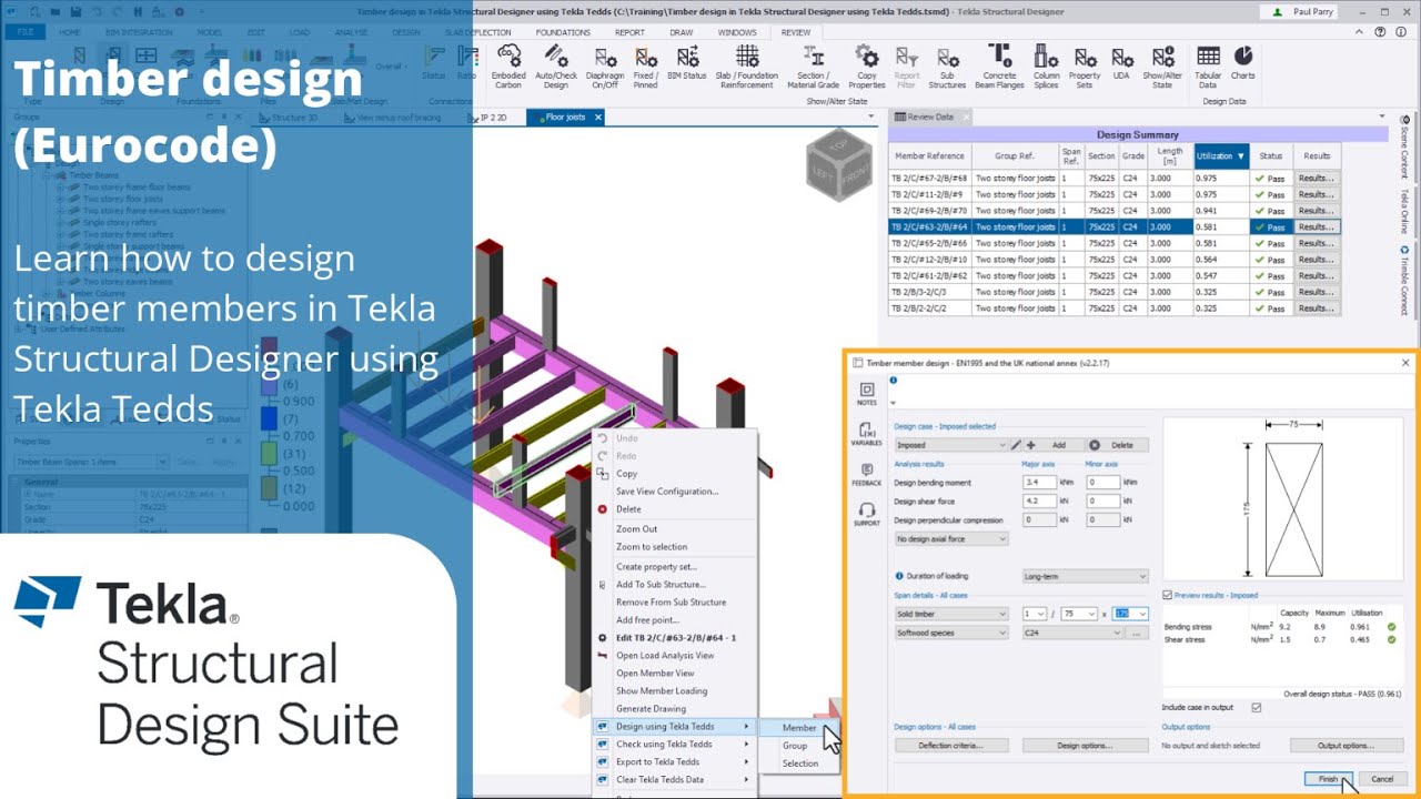 Learn how to design timber members in Tekla Structural Designer using Tekla Tedds (Eurocode)