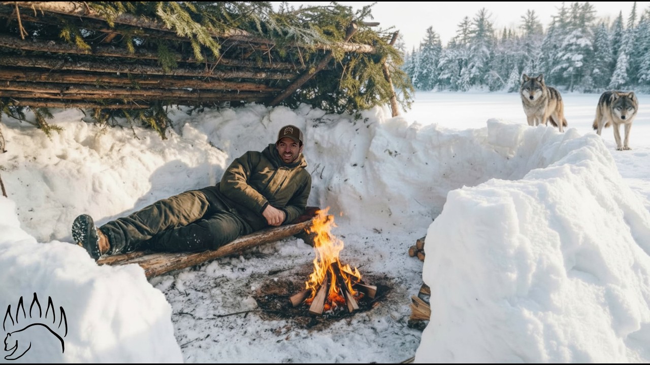 Solo Winter Survival - Wolves, Snow Shelter & Bushcraft Camping