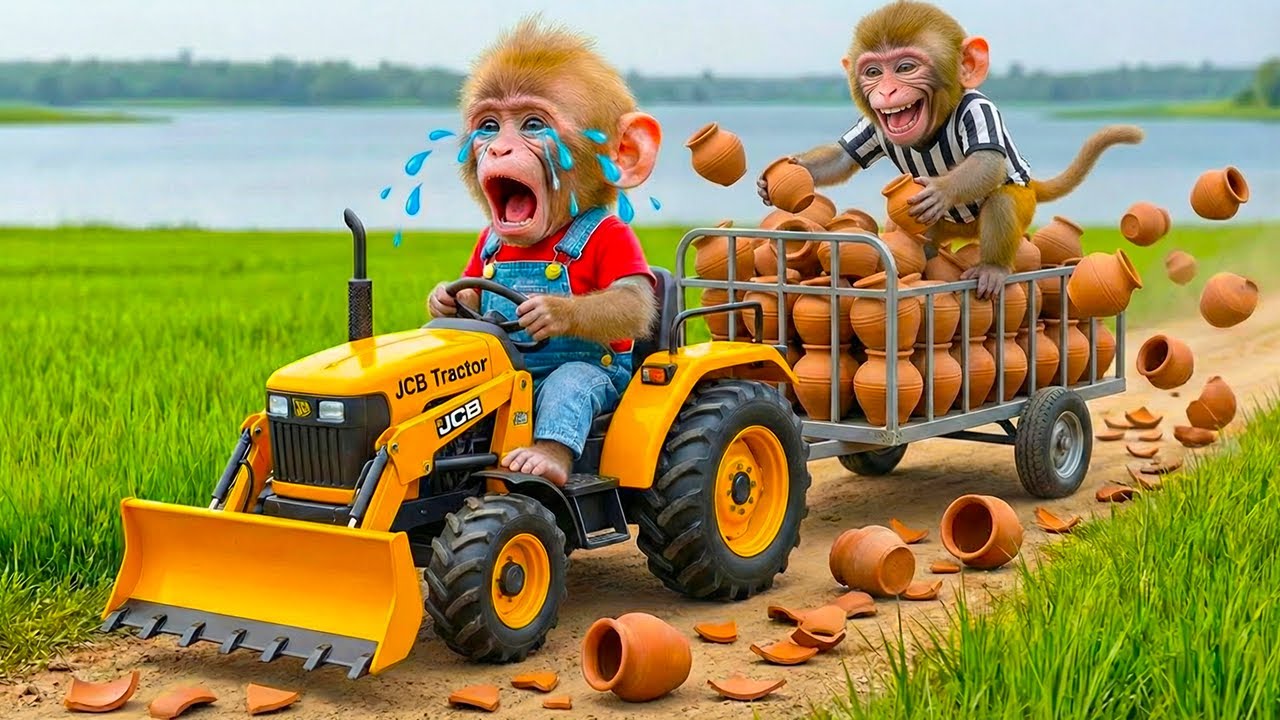 Nana Monkey Drives JCB Tractor on the Farm | Bon Bon’s Farm Monkey Breaks Clay Pots 😨