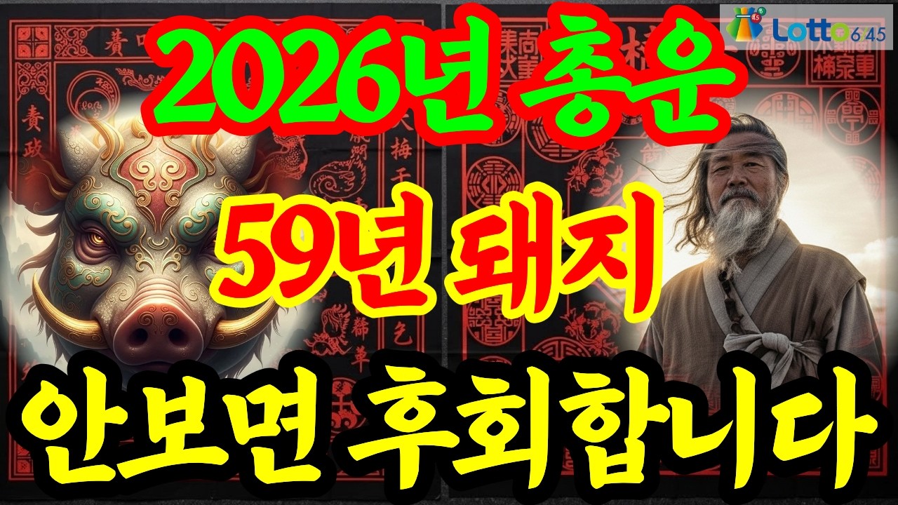 1959년 기해생 돼지띠, 2026년(丙午年) 총운, 상세 운세(재물운, 문서운, 건강운, 사업운, 직업운, 대인관계운, 애정운, 가정운 등) 및 2026년 로또 행운 번호 공개