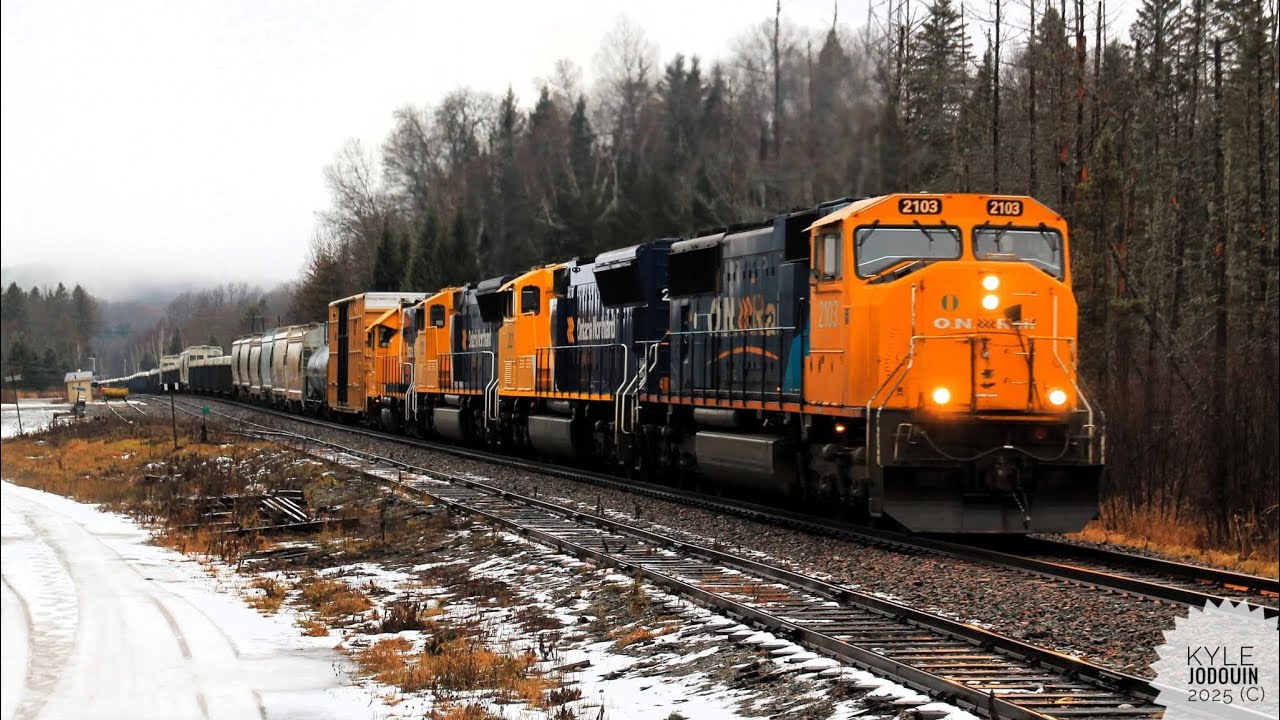 ONR Northbound 113 ON 2103 struggling up the Grade at Feronia Mile 9 of the Temagami Sub 11,26,2025