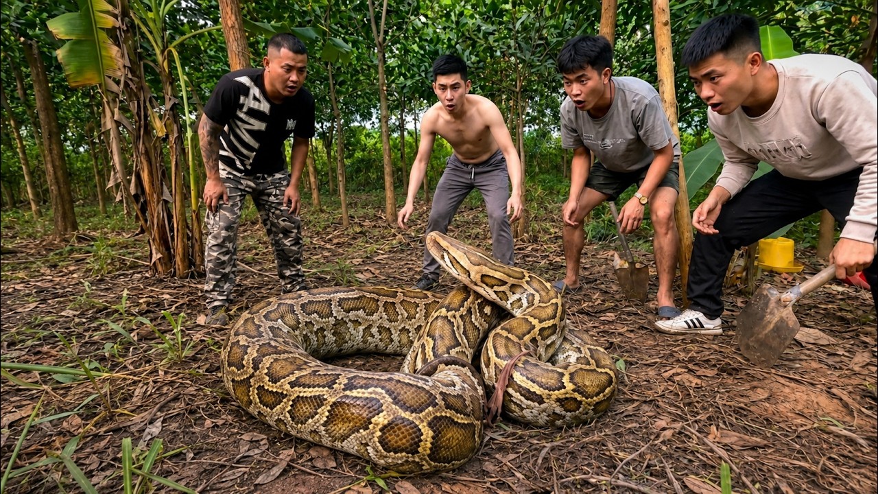 4 Men Shocked After Discovering a Giant Python Hiding in the Bushes! 😱🐍
