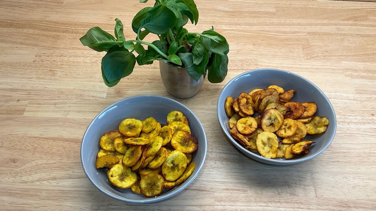 Test chips de Bananes plantain au four ou à la friture/Banana Plantain Chips in the oven or fried