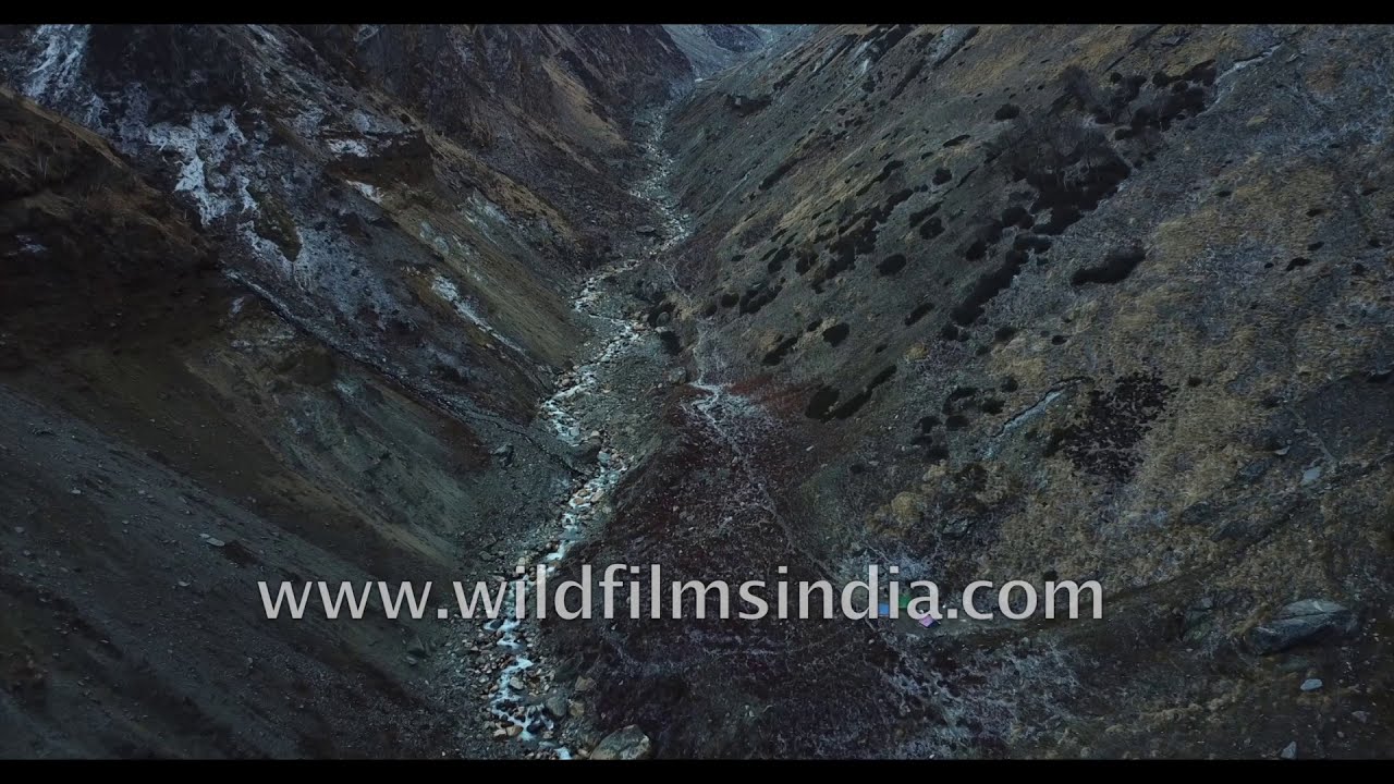 Rudragaira trek aerial view of steep walls of valley leading to Auden's Col, and narrow stream