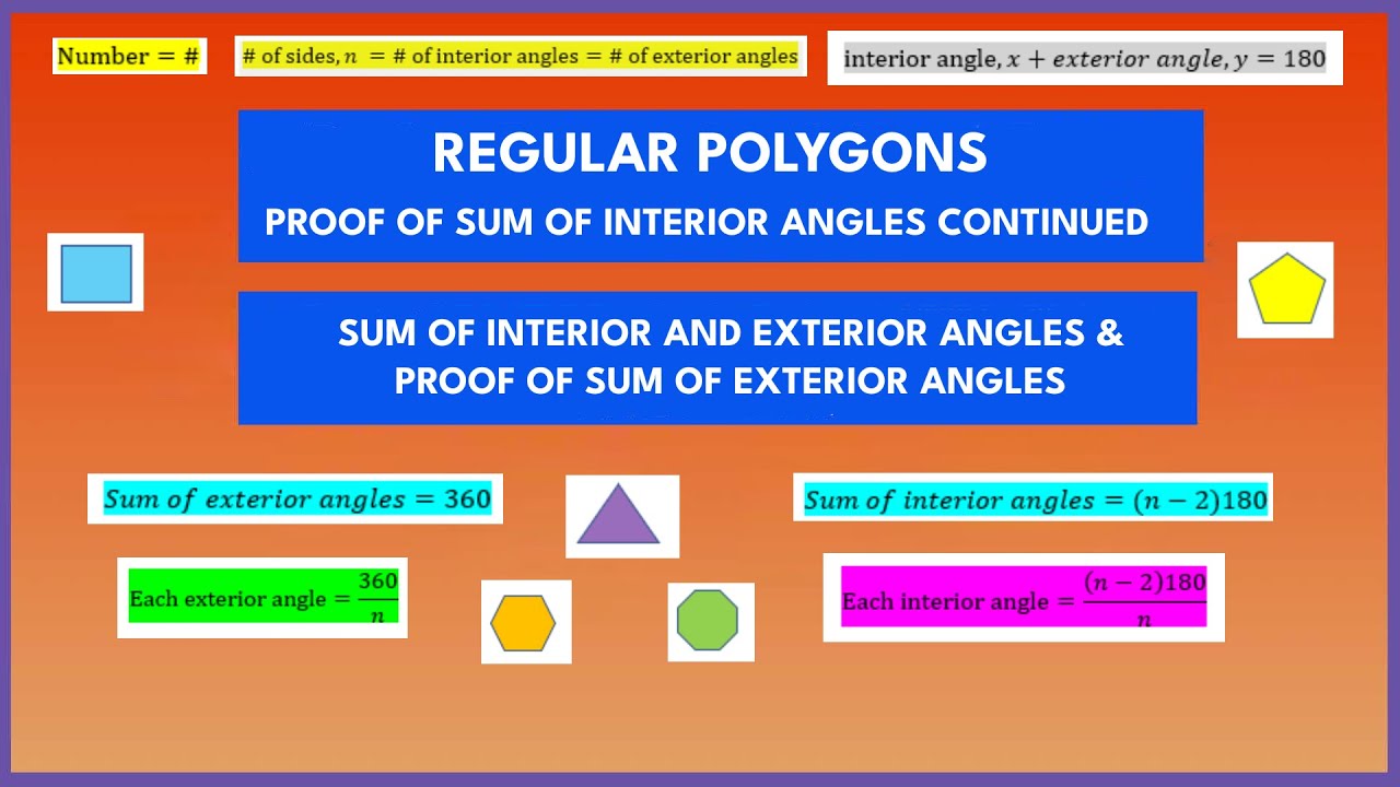 Derive or prove the formula for the sum of interior angles and exterior angles of a regular polygon