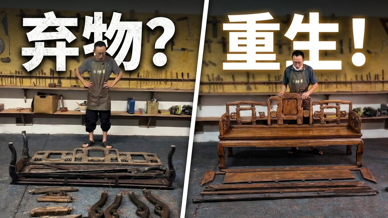 民国时期的老红木沙发，历经百年，残缺不堪。我把它修复起来，看看那个时代的审美。#解压#旧物改造 #老物件 #红木家具 #黄花梨