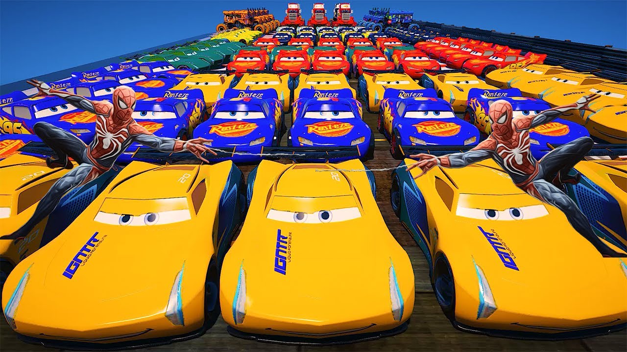 GTA 5 SPIDERMAN Cars Challenge Lightning & Monster McQueen Jackson Storm Miss Fritter & Friends Cars