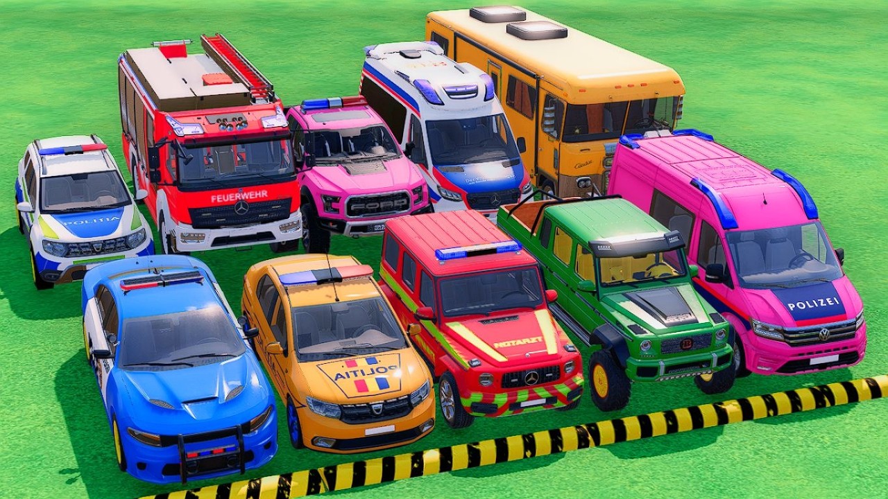 TRANSPORTING POLICE CARS, FIRE DEPARTMENT, AMBULANCE WITH TRAIN, DACIA, FORD, VOLKSWAGEN ! FS22 #24