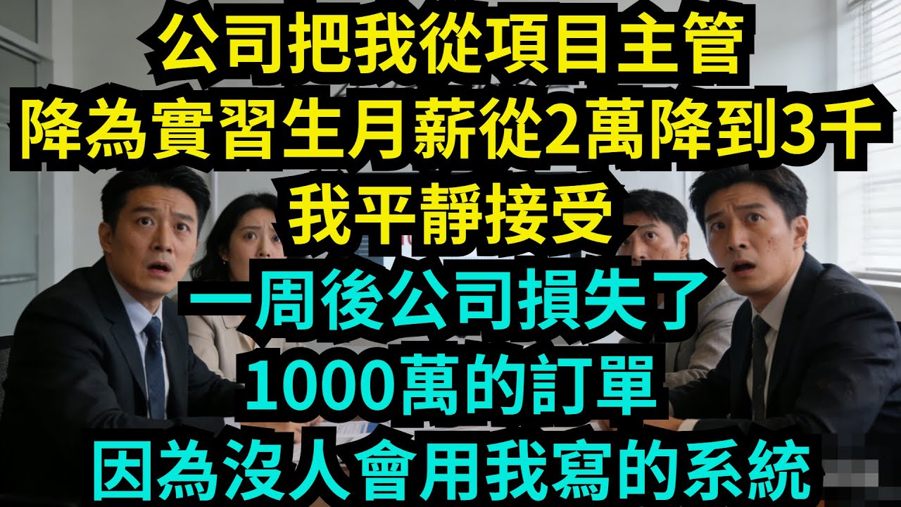 公司把我從項目主管降為實習生，月薪從2萬降到3千，我平靜接受，一周後公司損失了1000萬的訂單，因為沒人會用我寫的系統【奇聞秘事】#奇聞#秘事#故事 #职场 #职场故事 #奖金