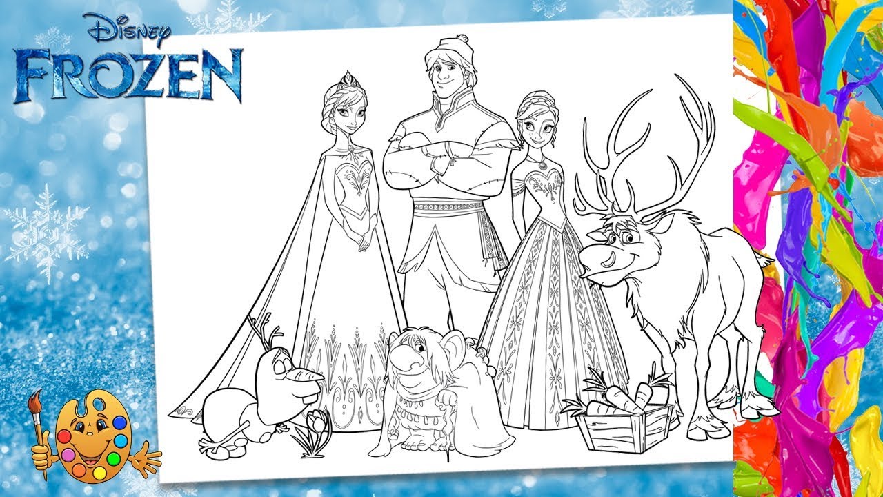 Coloring Frozen - Together : Anna, Elsa, Kristoff, Olaf, Sven, Grand Pabbie Disney Coloring Pages