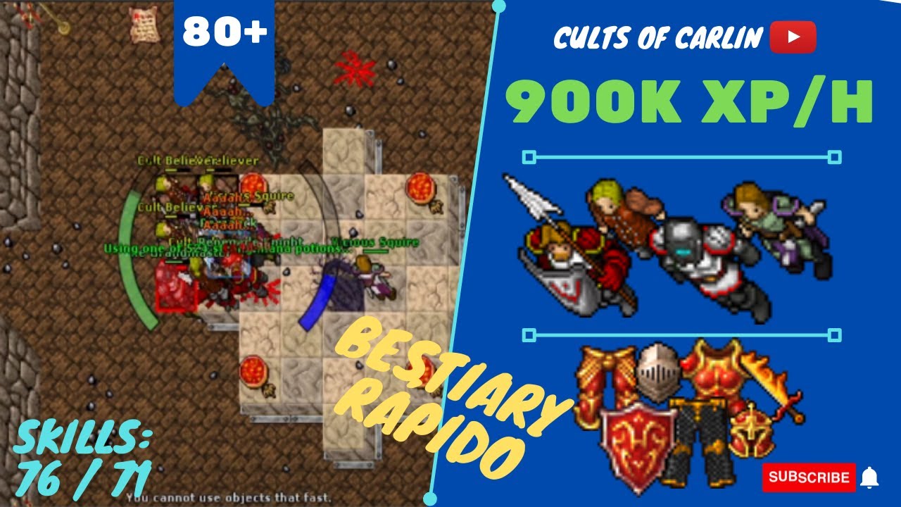 EK SOLO lvl 80+ (80 AO 130) 900K XP/H - SKILLS 76/71 - TIBIA HUNT - Cults of Carlin