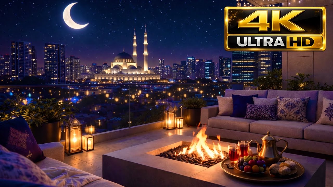 4K Ramadan Rooftop Fireplace 🌙🔥 | Modern City Balcony Night Ambience (4H) أجواء رمضان راقية