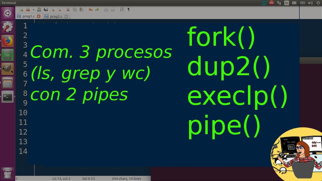 Comunicar 3 procesos (ls, grep y wc) usando 2 pipes, fork(), dup2(), execlp(). Programar en C, Linux