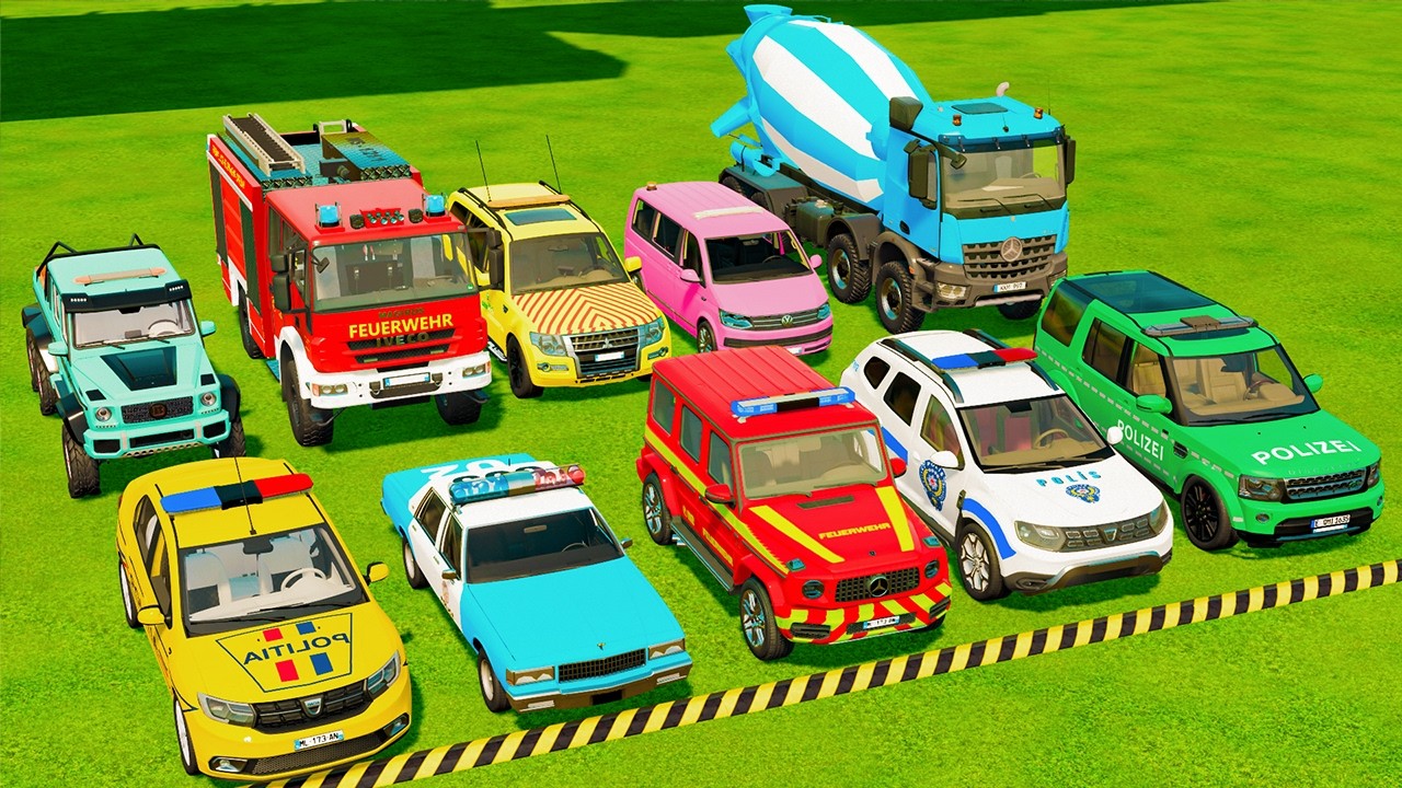 TRANSPORTING POLICE CARS, AMBULANCE, FIRE TRUCK, COLORFUL CARS WITH TRAIN -FARMING SIMULATOR 22!