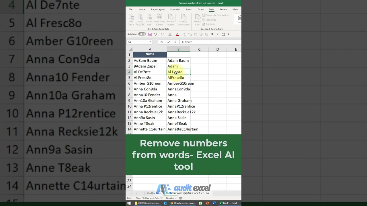 Remove numbers from cells in Excel where Flash Fill gets it wrong first time