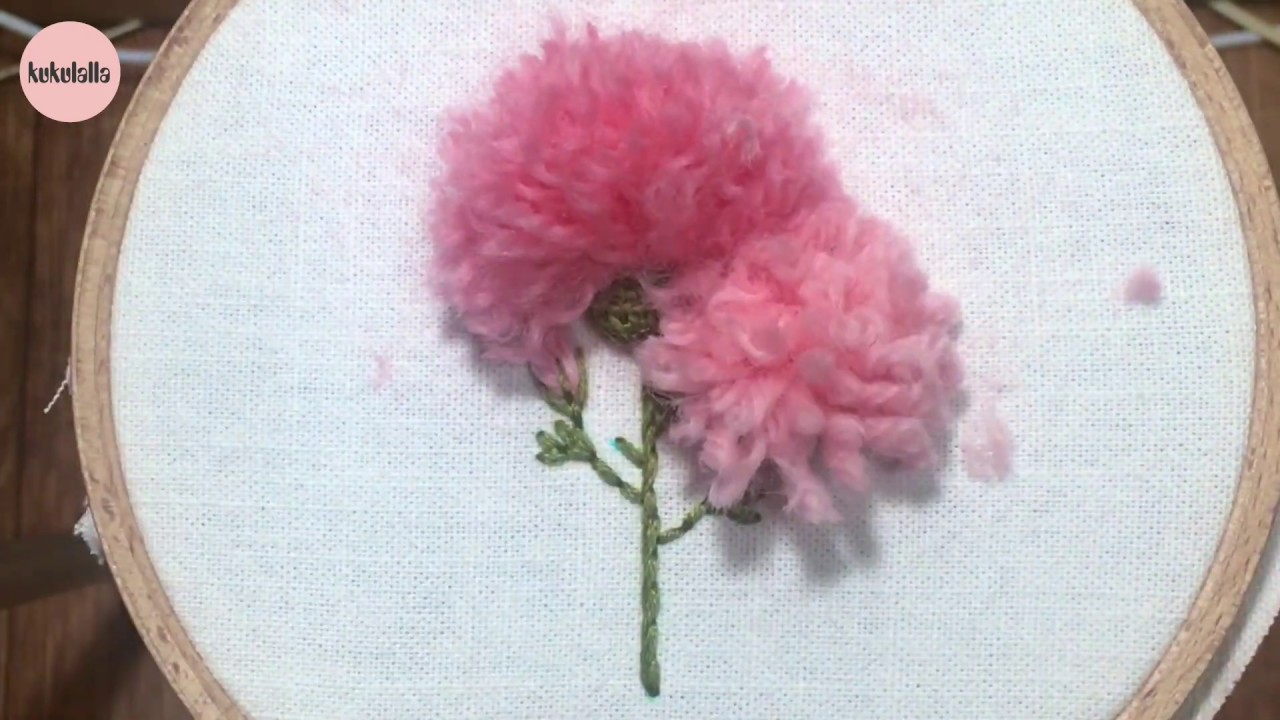 [프랑스자수] 울사로 만드는 카네이션 꽃 자수 Carnation (clove gillyflower) embroidery flower making wool yarn