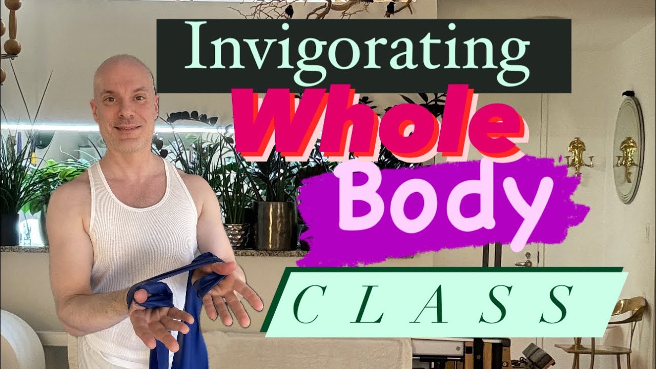 An invigoration Whole Body Class using a Stretch Band and light Props.