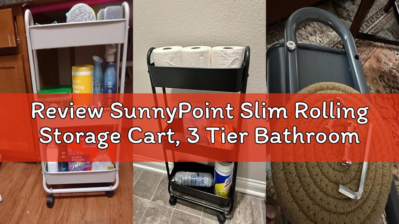 Review SunnyPoint Slim Rolling Storage Cart, 3 Tier Bathroom Storage Organizer Bathroom, Laundry Uti