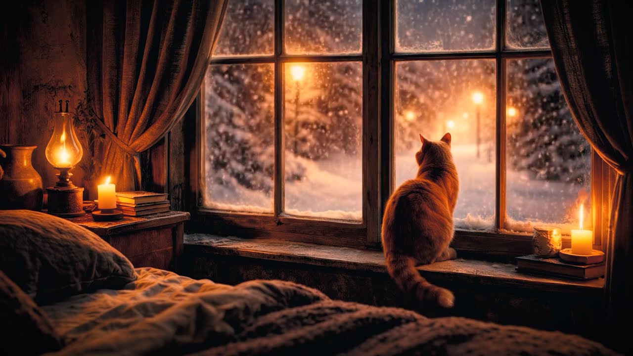 Cozy Winter Night Ambience ❄️ Purring Cat, Fireplace & Snowstorm for Sleep, Study