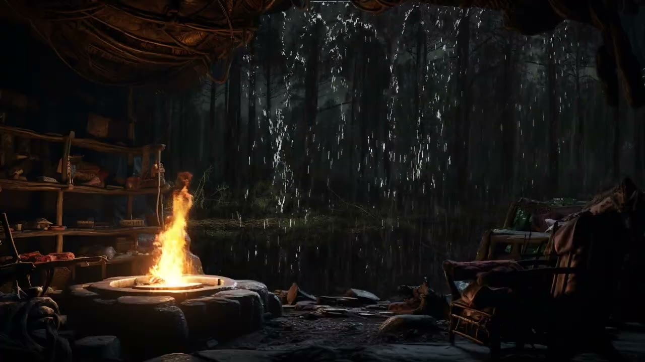 Cozy Hidden Cave Rain Night with Campfire, Rain and Thunder Sounds for Sleep
