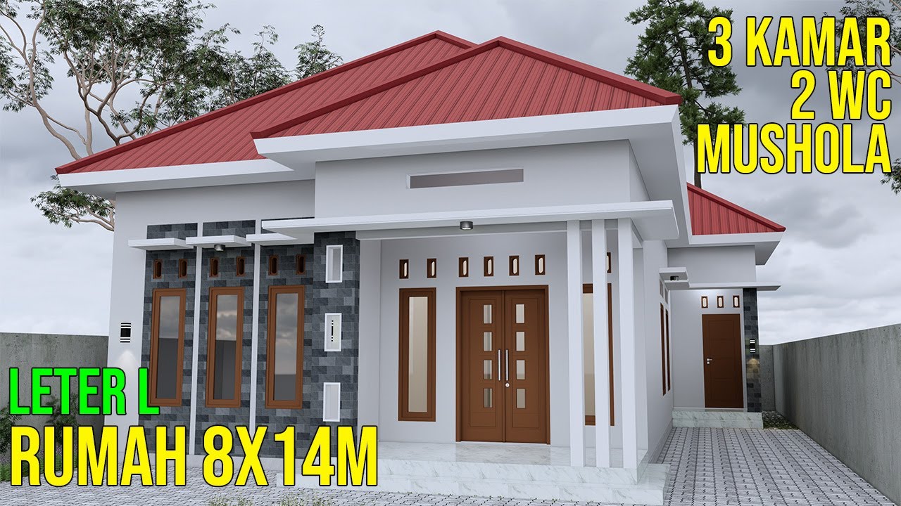 Desain Rumah Minimalis ukuran 8x14m 3 kamar tidur 1 lantai 2 toilet mushola leter L