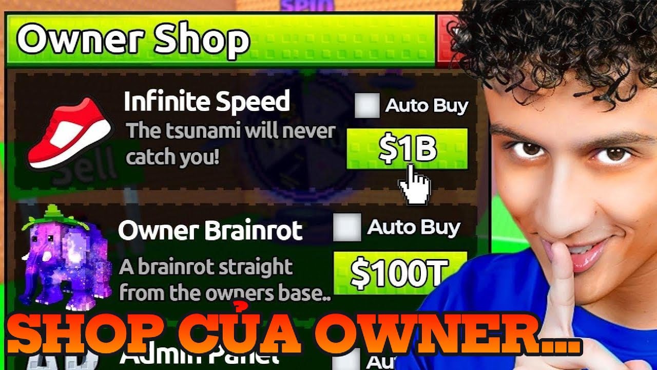Escape The Tsunami for Brainrots, nhưng có SHOP CỦA OWNER…